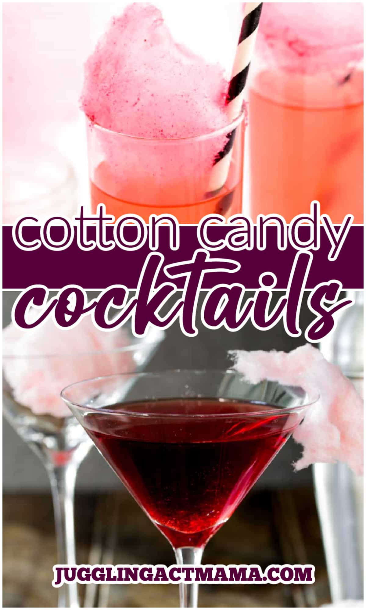 Cotton candy cocktails collage with text overlay.