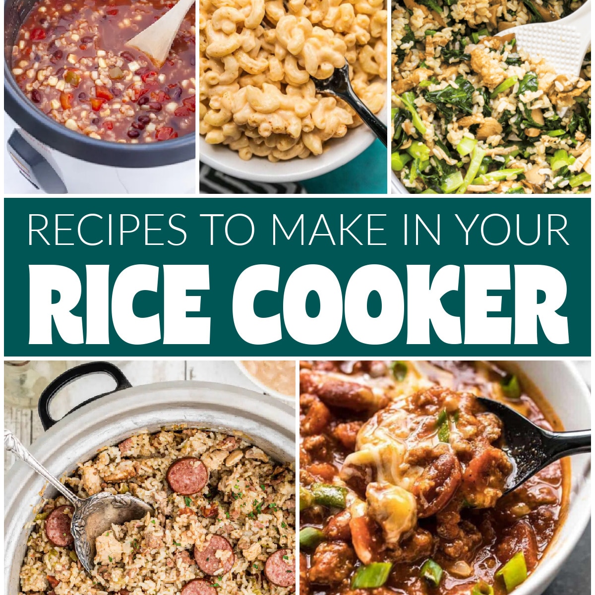 Recipes to make in your rice cooker square collage with text overlay.