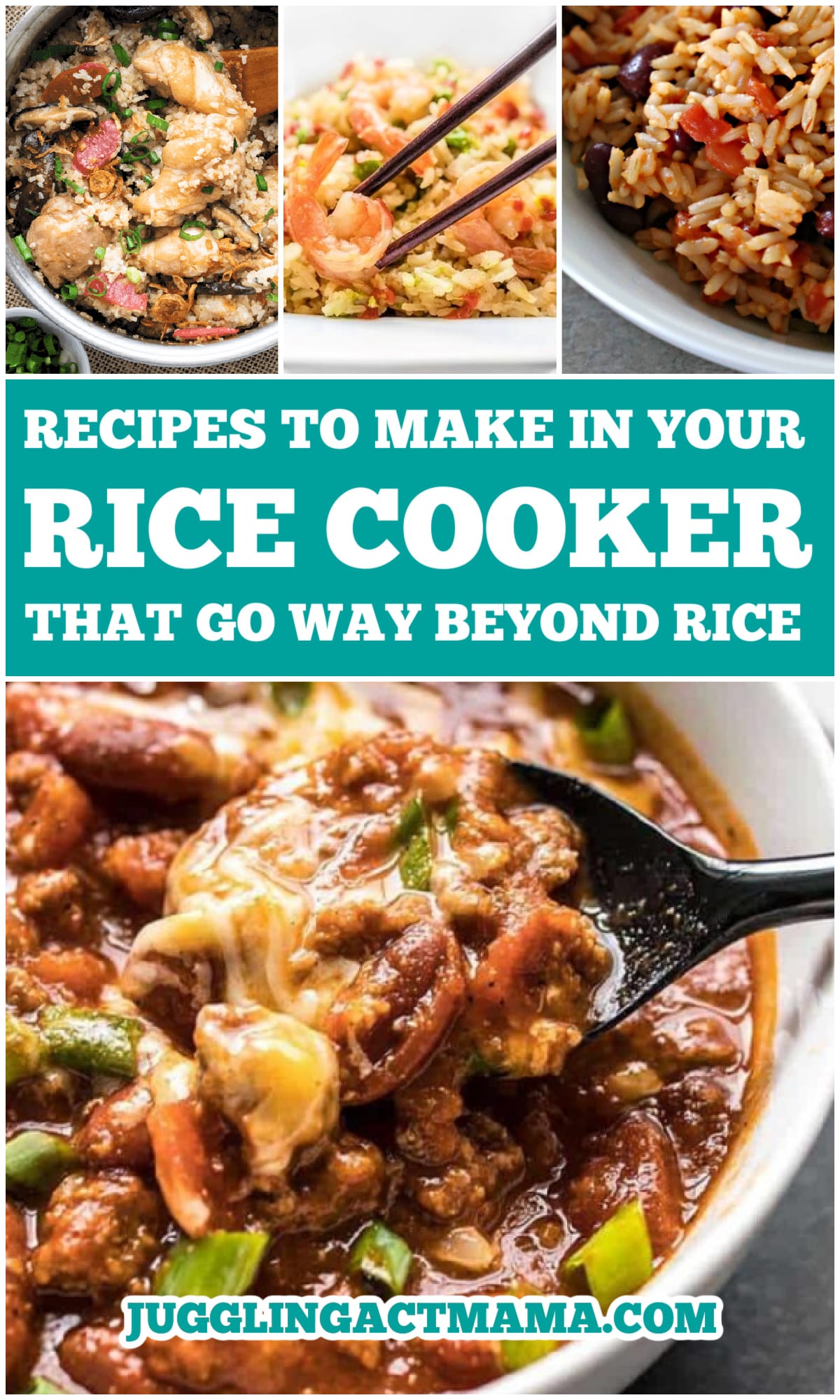 Recipes to make in your rice cooker that go way beyond rice collage with text overlay.