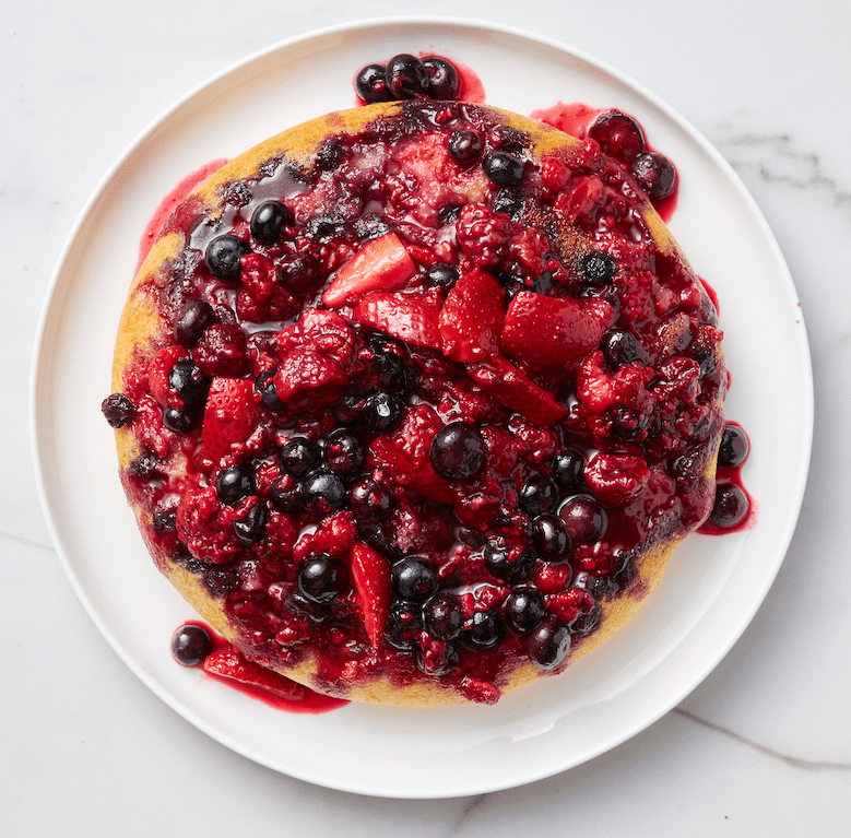Top down view of rice cooker berry steamed pudding.