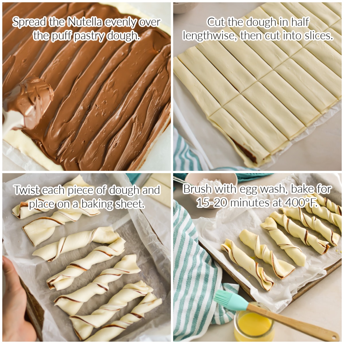 How to make nutella puff pastry twists collage image with text overlay.