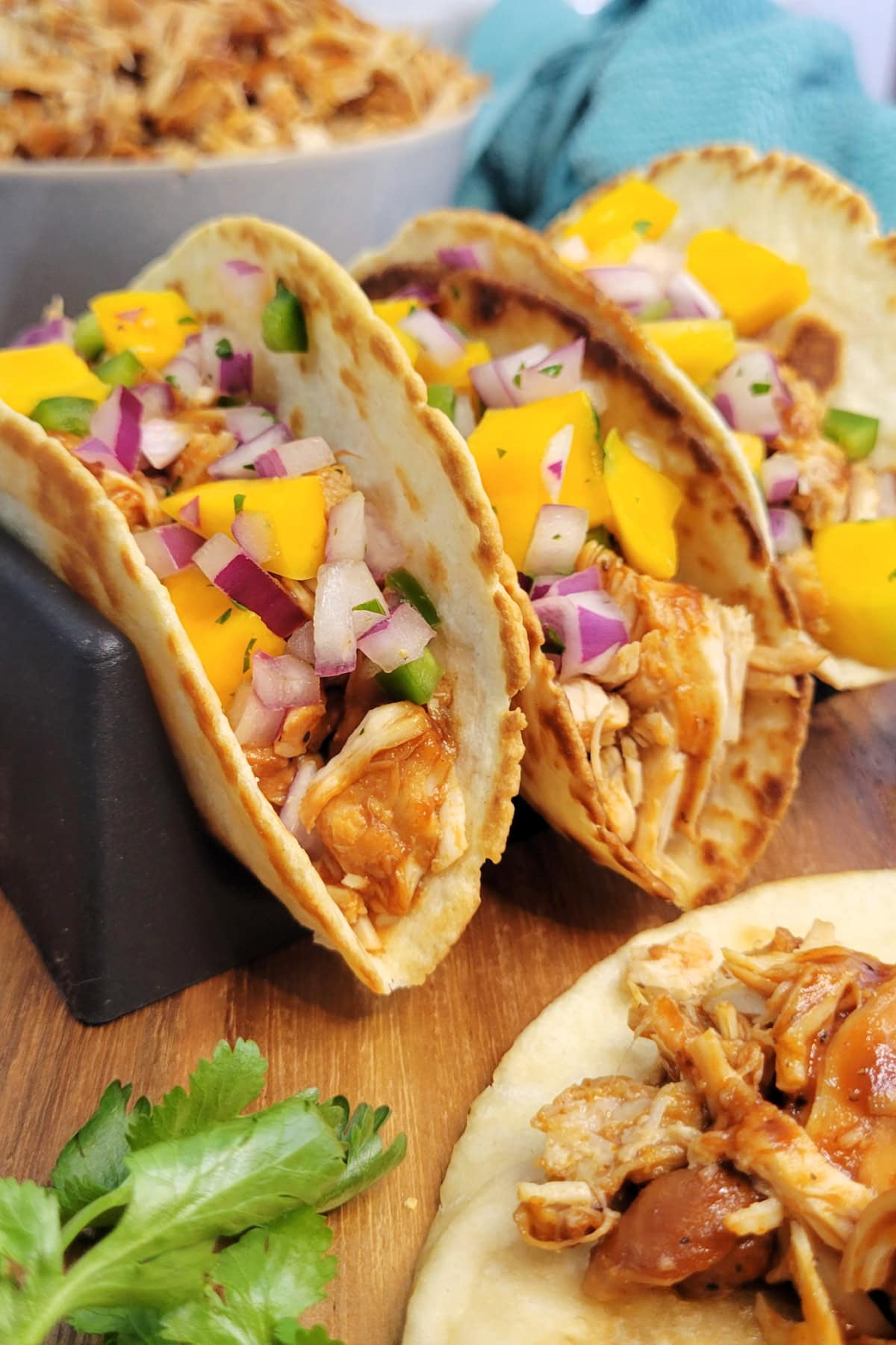 Crockpot BBQ Chicken Tacos with mango salsa.