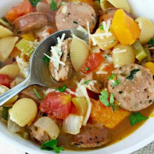Close up of Italian Style Chicken Sausage Soup.