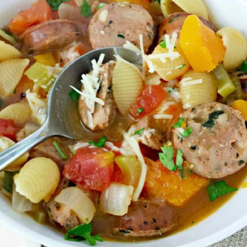 Close up of Italian Style Chicken Sausage Soup.