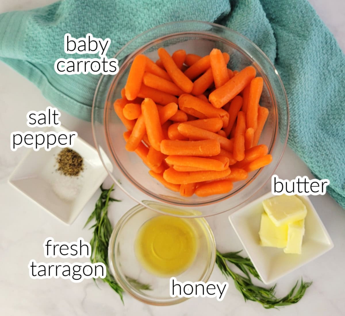 Ingredients on a countertop for making honey glazed baby carrots with text overlay.