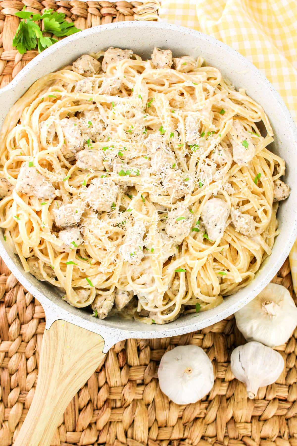 Top down view of Garlic Parmesan Chicken Pasta in a skillet.