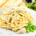 Close up of Garlic Parmesan Chicken Pasta on a plate.