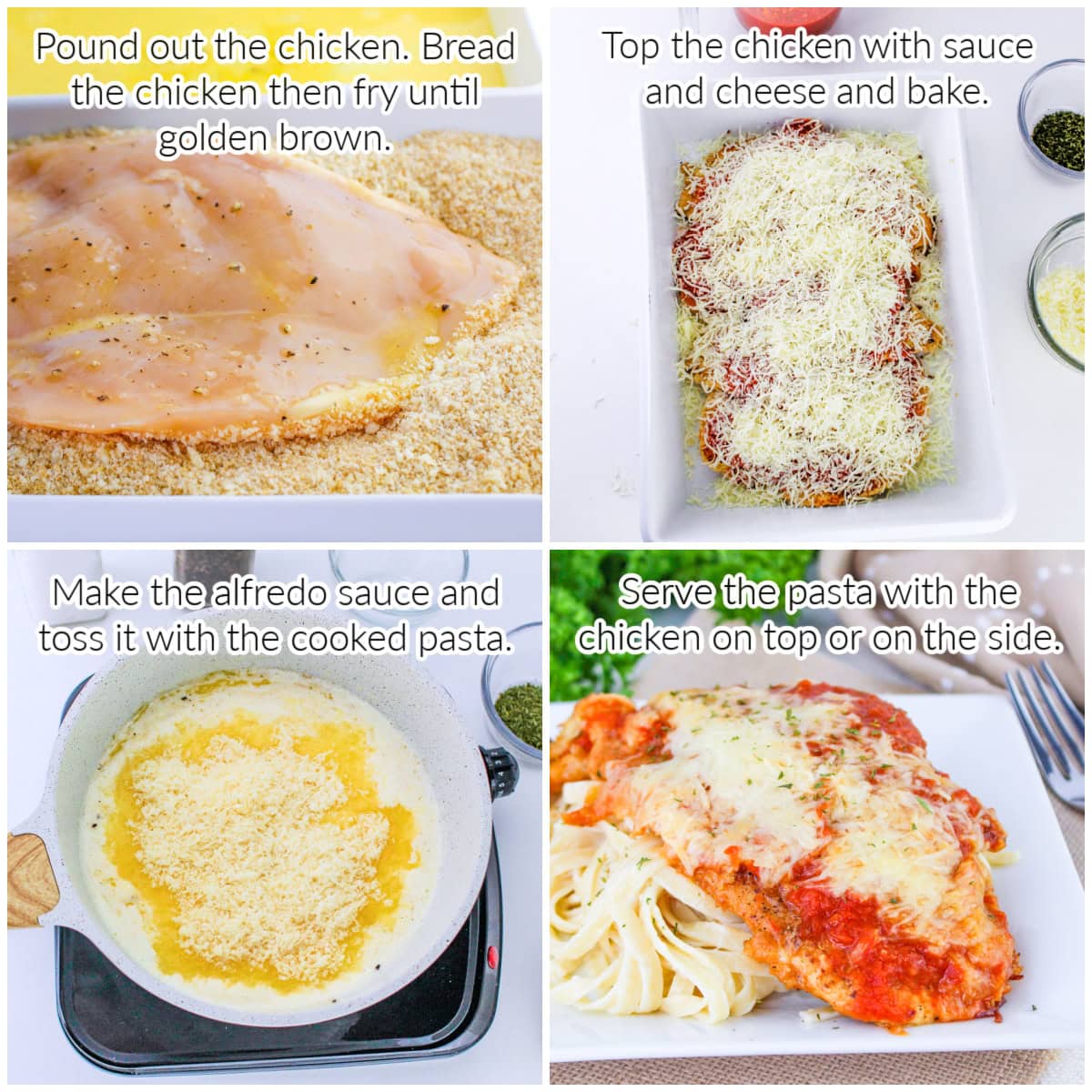 How to Make Chicken Parmesan Fettuccine Alfredo collage image with text overlay.