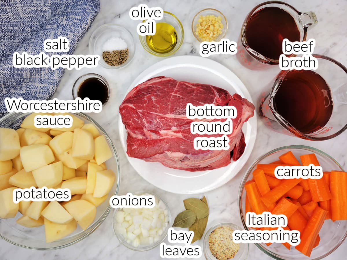 Flatlay of Italian Roast Beef ingredients with text overlay.