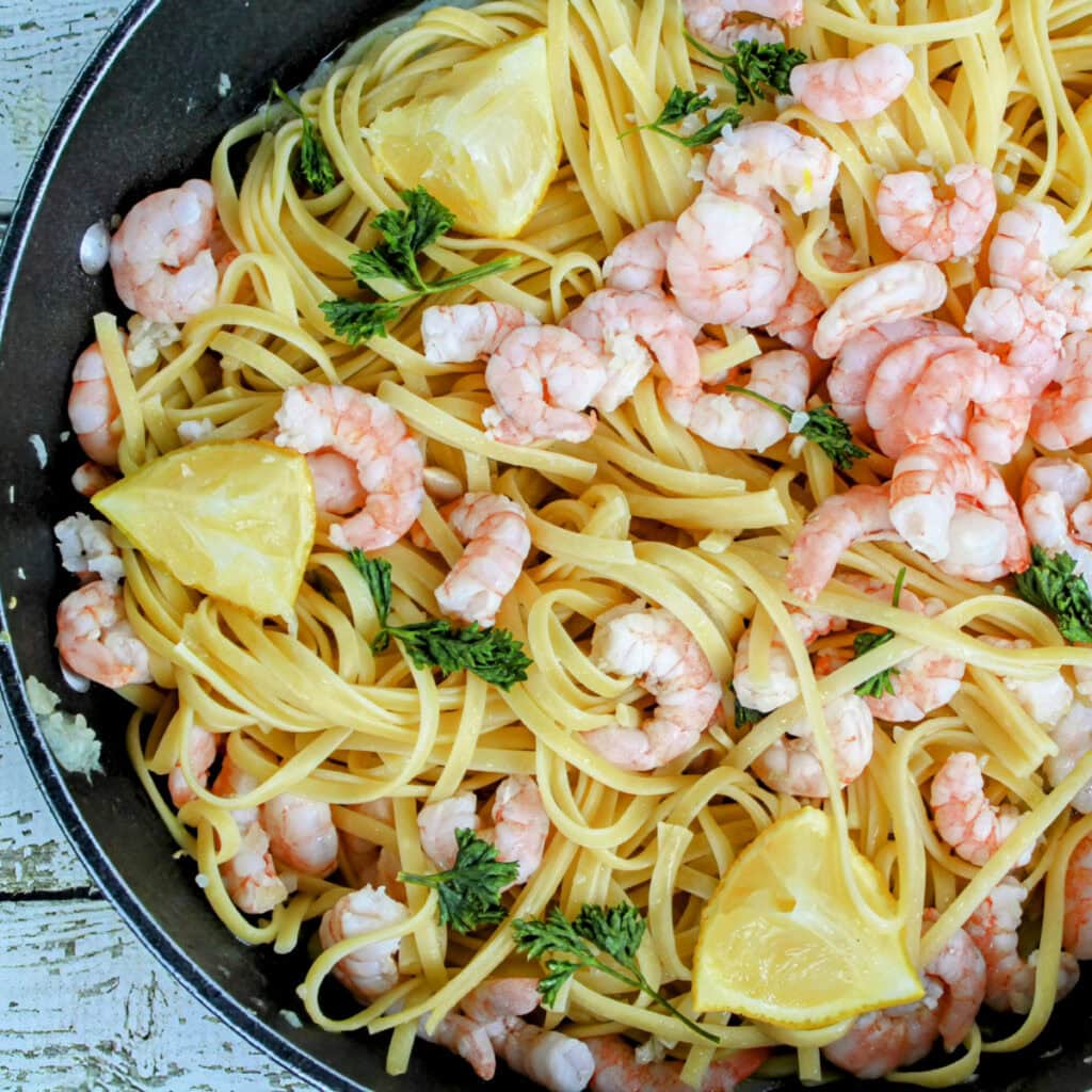 Skillet Lemon Garlic Shrimp Scampi close up.