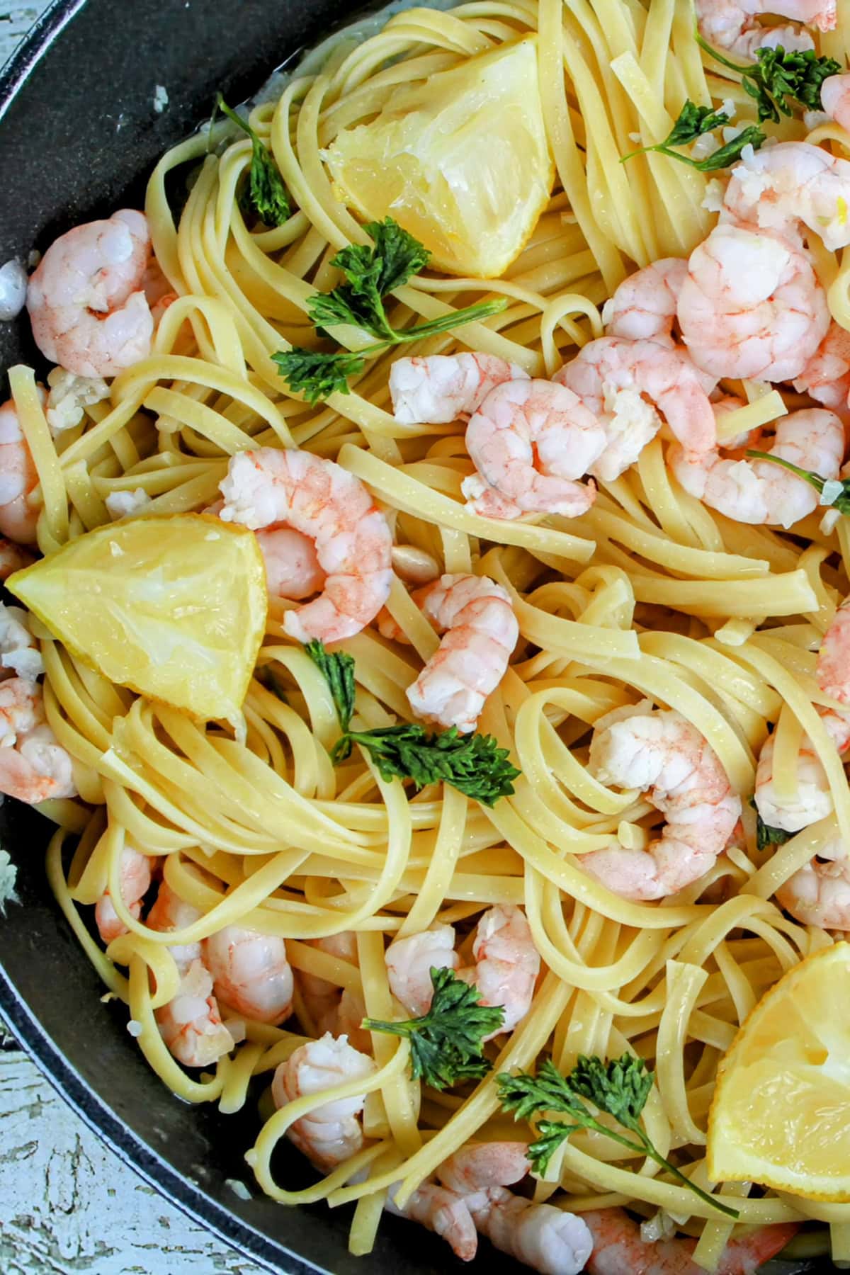 Top down view of Lemon Garlic Shrimp Scampi in a skillet.