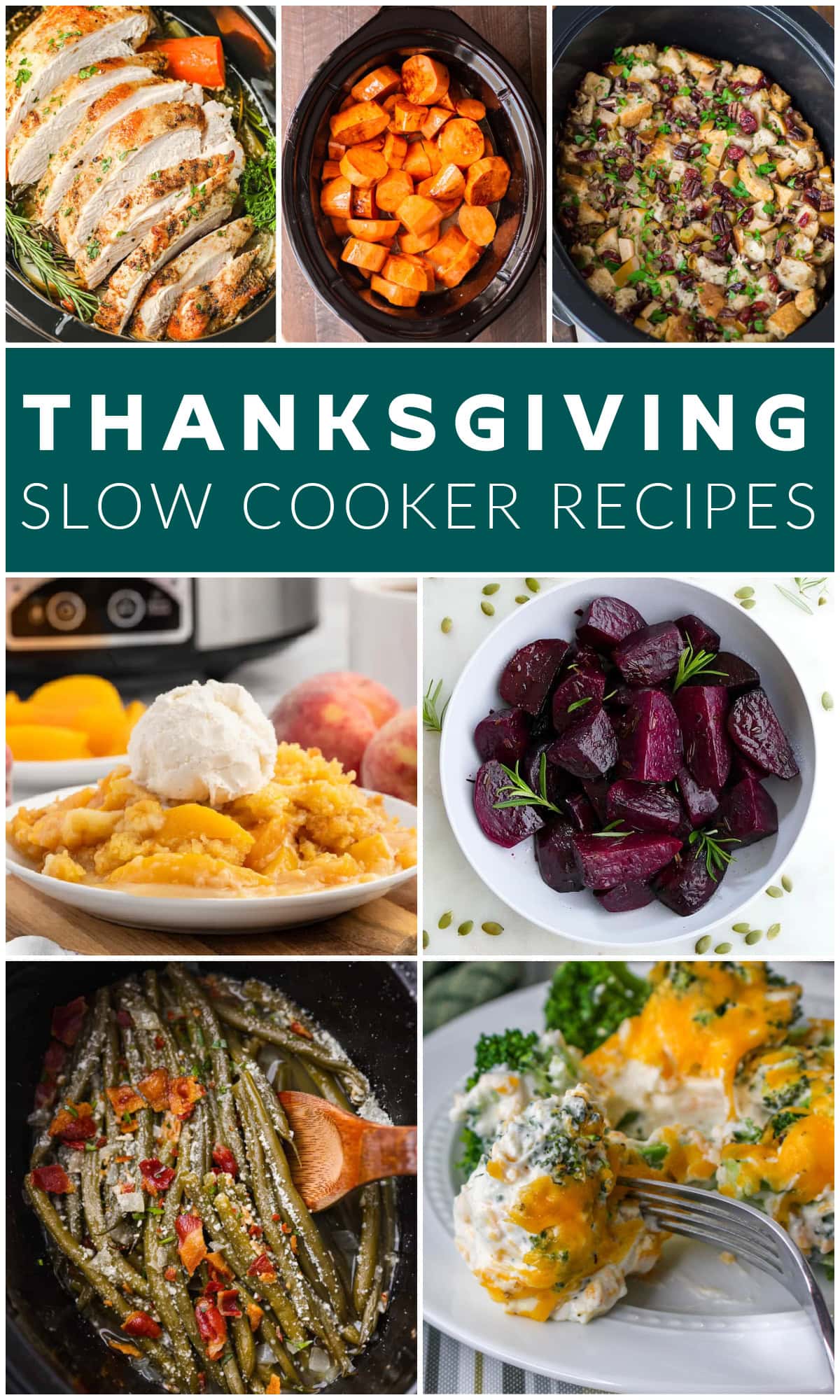 Slow Cooker Thanksgiving Recipes collage image with text overlay.