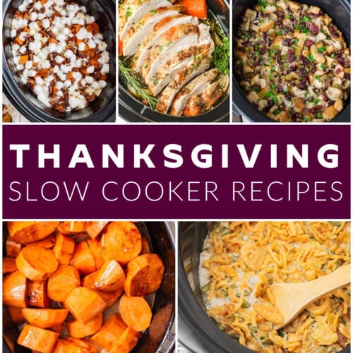 Thanksgiving Slow Cooker Recipes square collage image with text overlay.