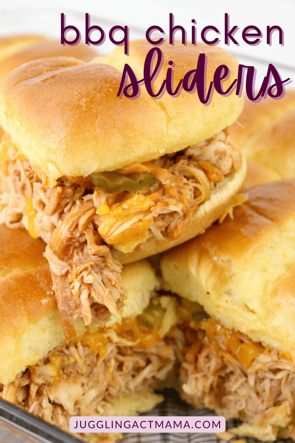 Close up of BBQ Chicken Sliders image with text overlay.