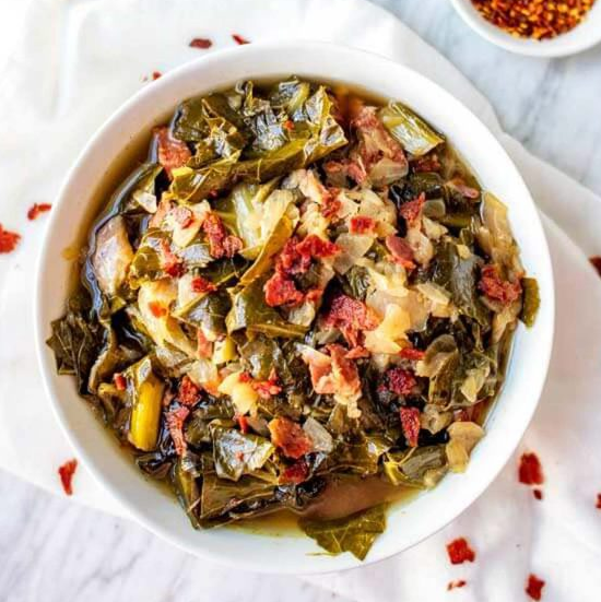 Top down view of slow cooker collard greens for Thanksgiving.