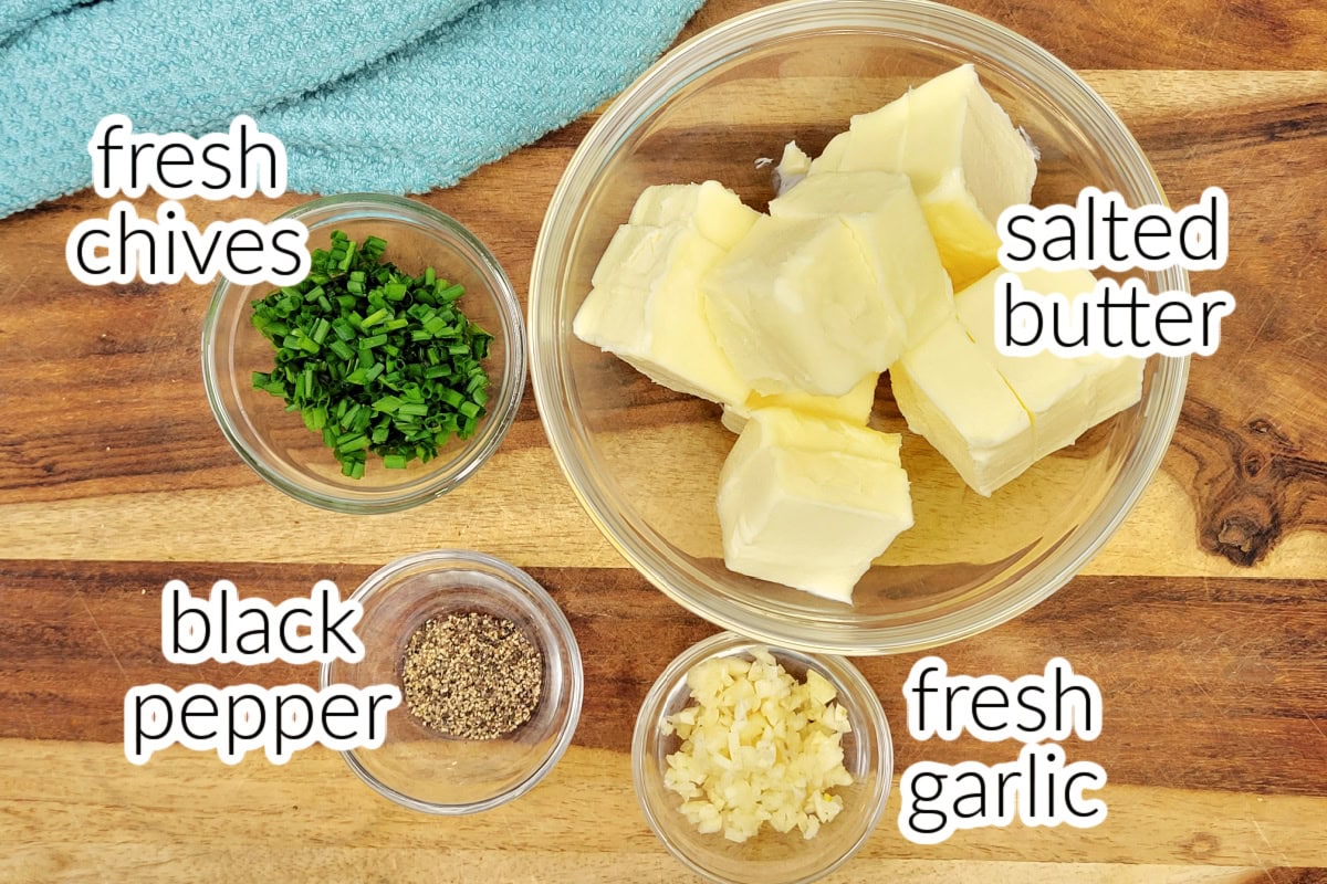 Garlic and chive butter ingredients with text overlay image.