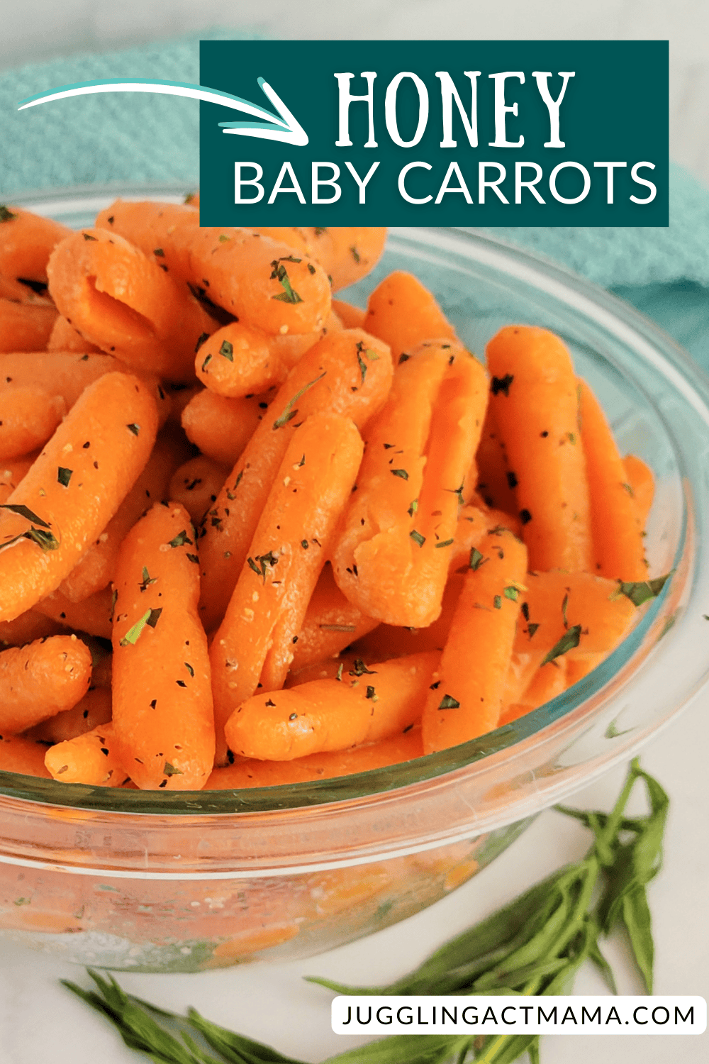 Image with text overlay of Honey Baby Carrots in a serving bowl.