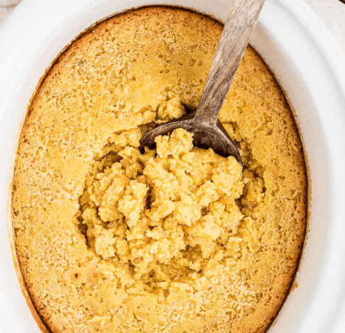 Top down view of Jiffy cornbread casserole, a slow cooker Thanksgiving recipe.