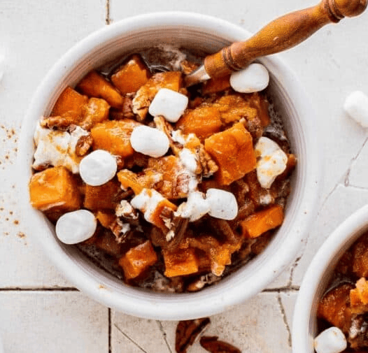 Top down view of crockpot sweet potato casserole.