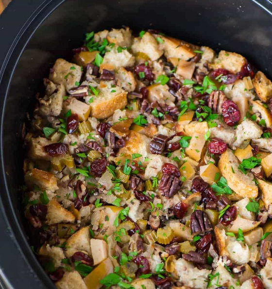 Close up of holiday crock pot stuffing.