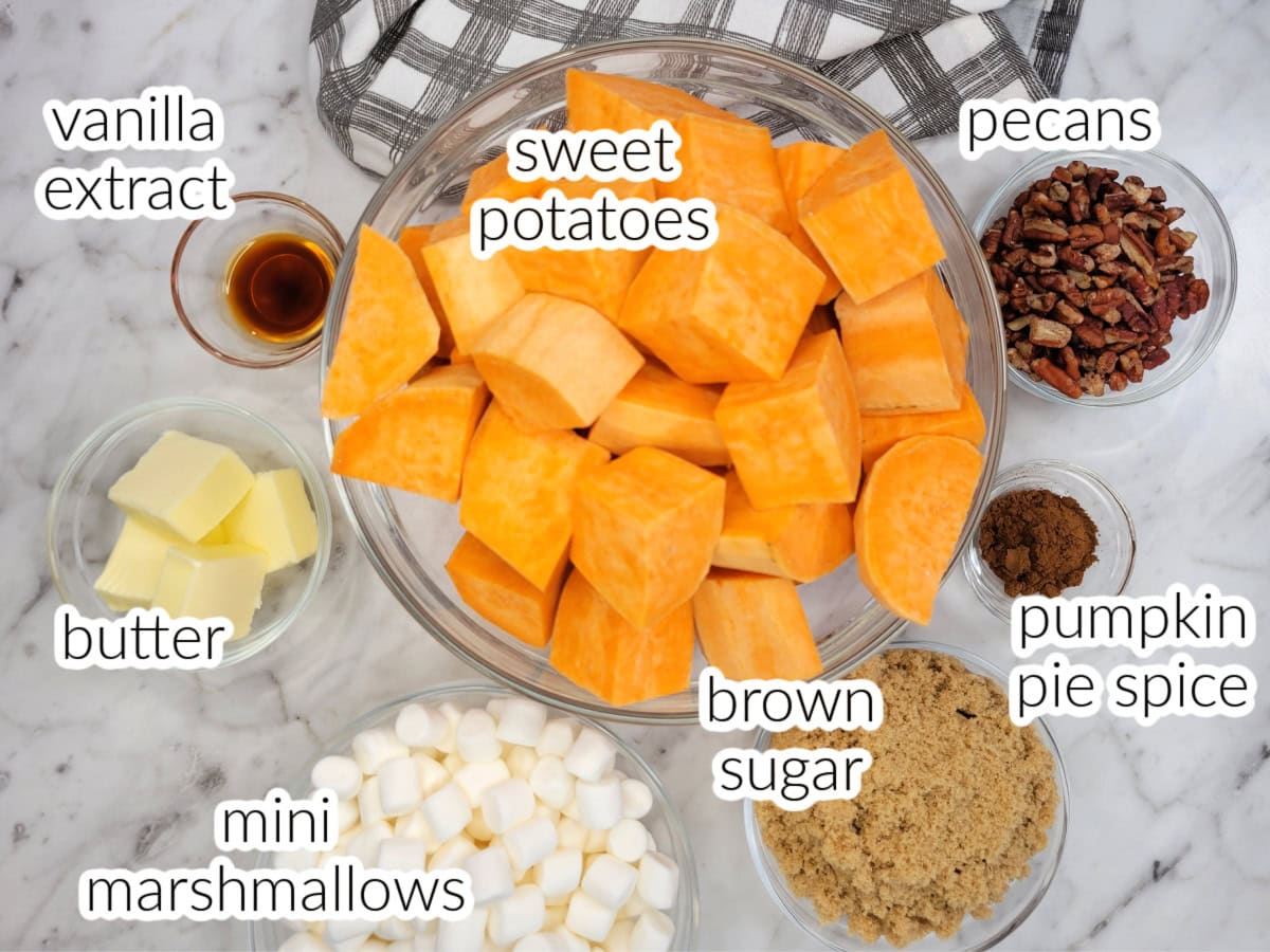 Ingredients to make sweet potato casserole with marshmallows. Image has text overlay.