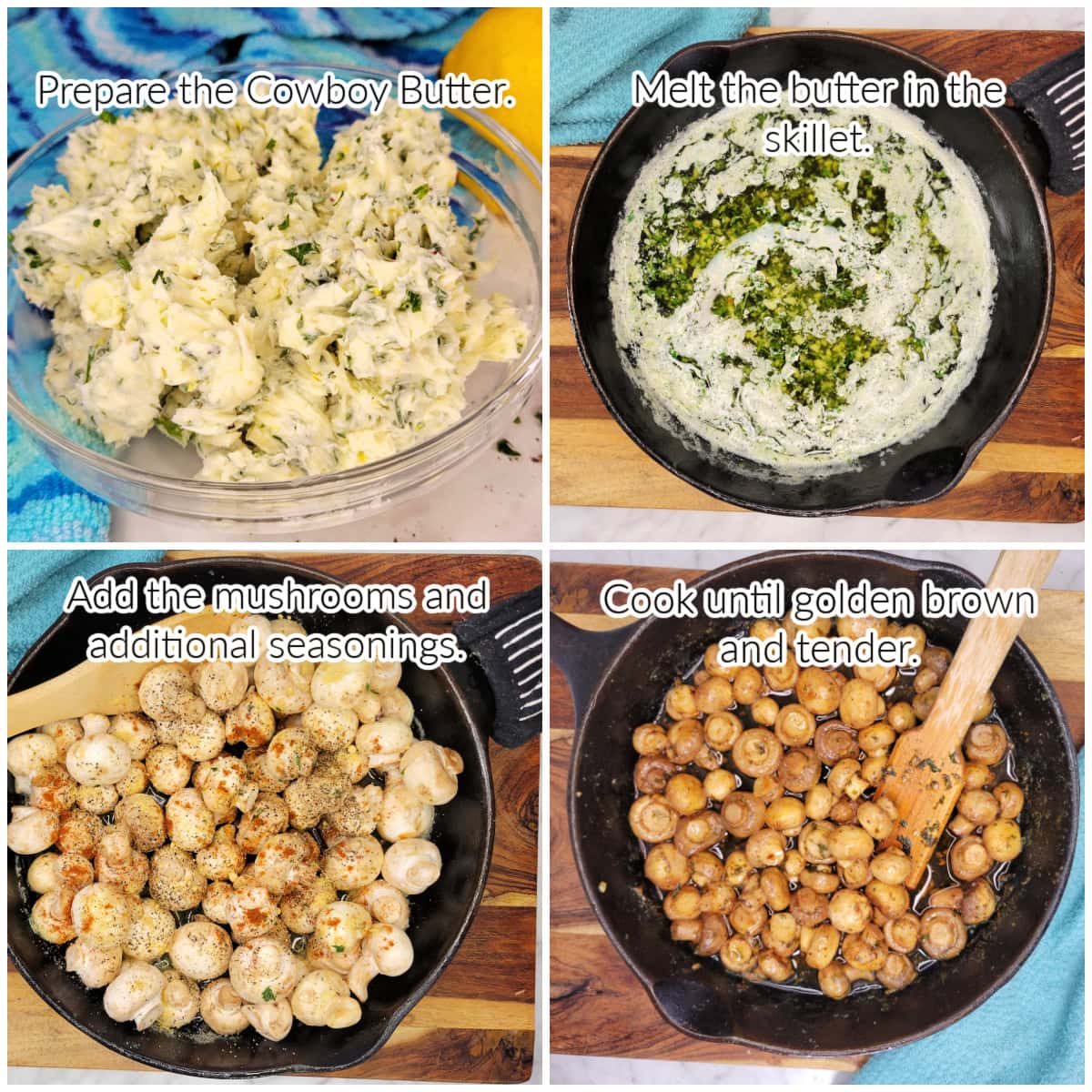 How to Make Cowboy Mushrooms with garlic butter and seasonings in a skillet.