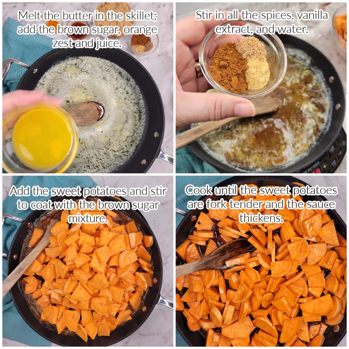 How to make candied sweet potatoes on the stovetop collage image with text overlay.