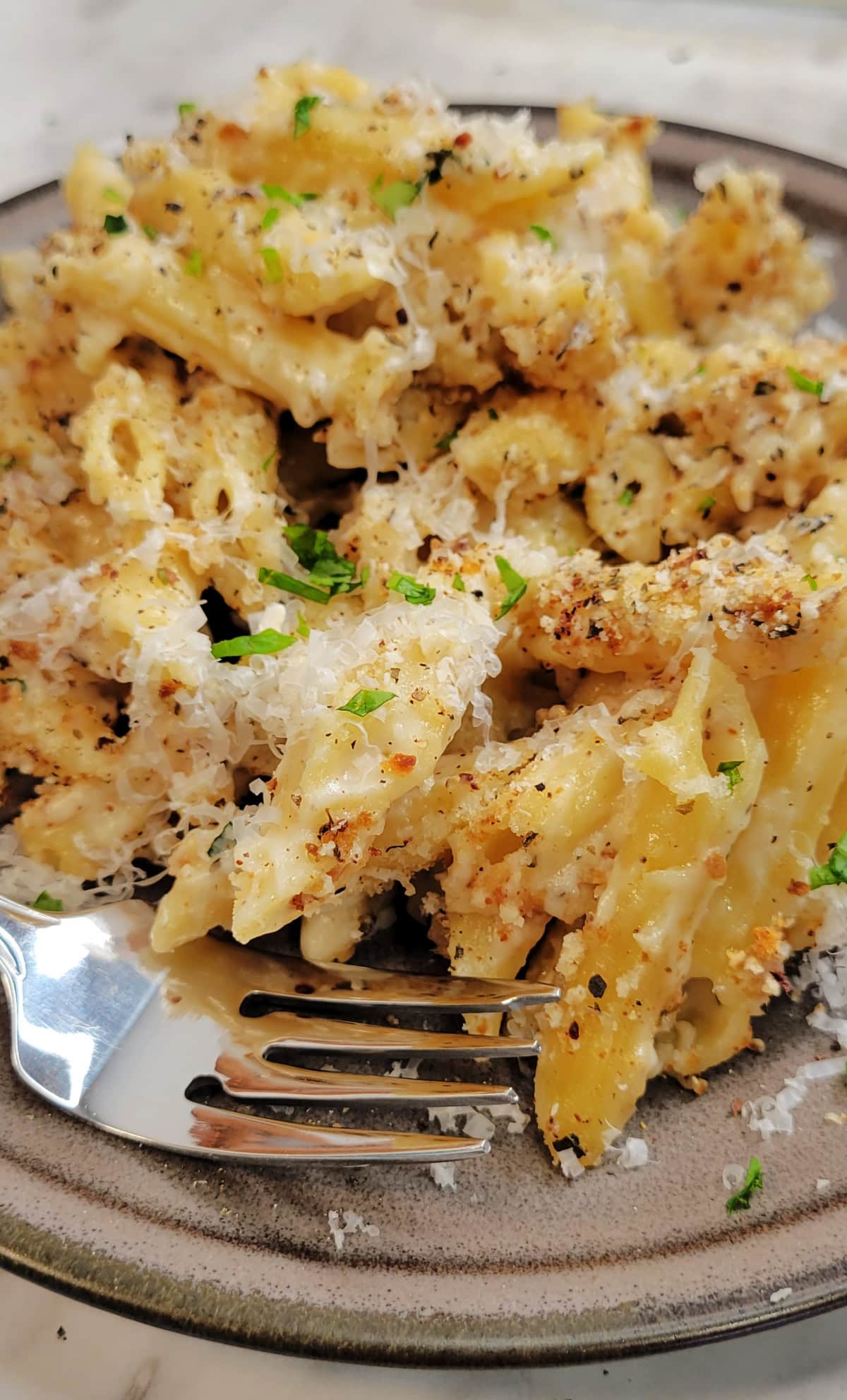Italian Mac and Cheese with breadcrumbs on a plate with a fork.