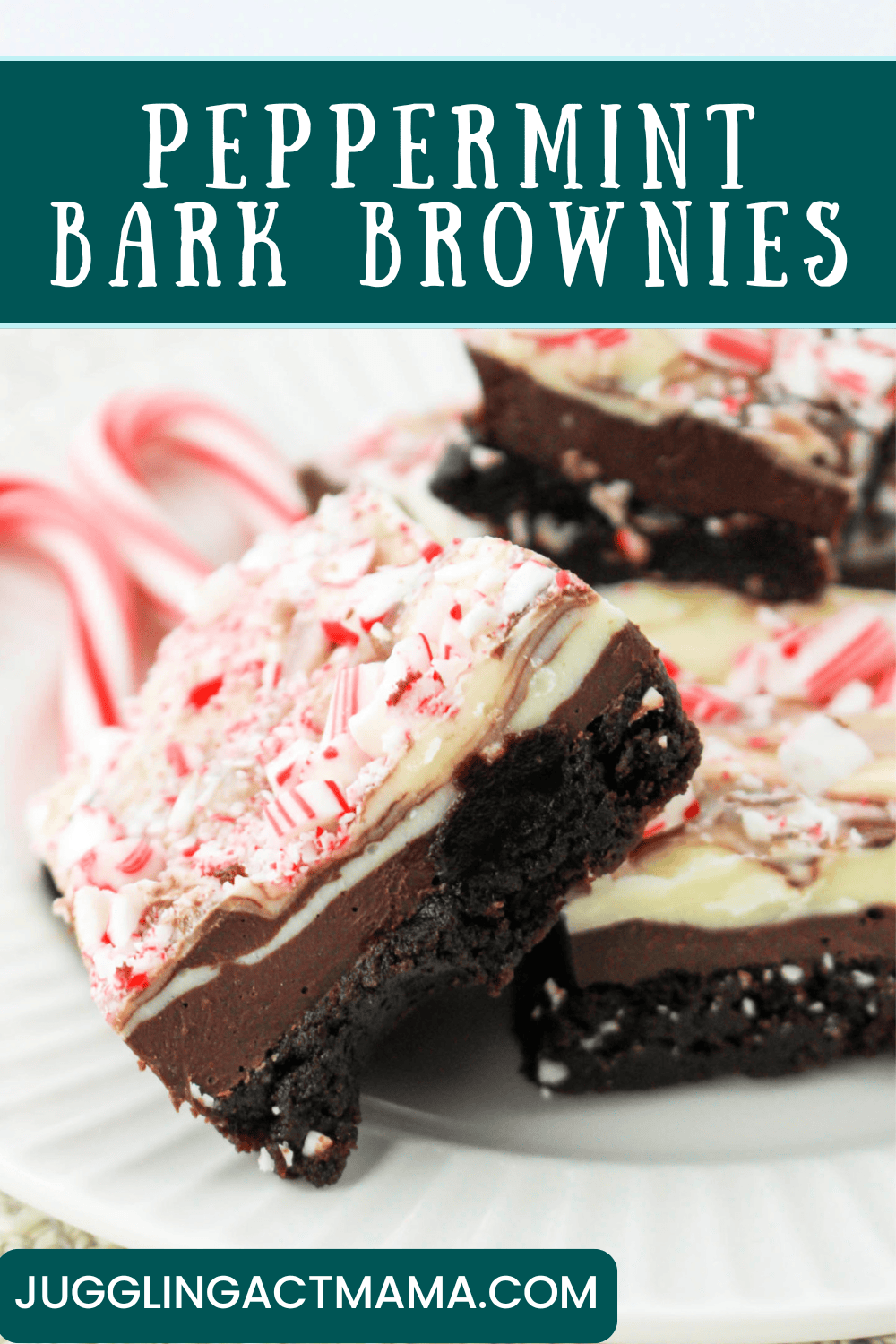 Peppermint bark brownies pin image with text overlay.