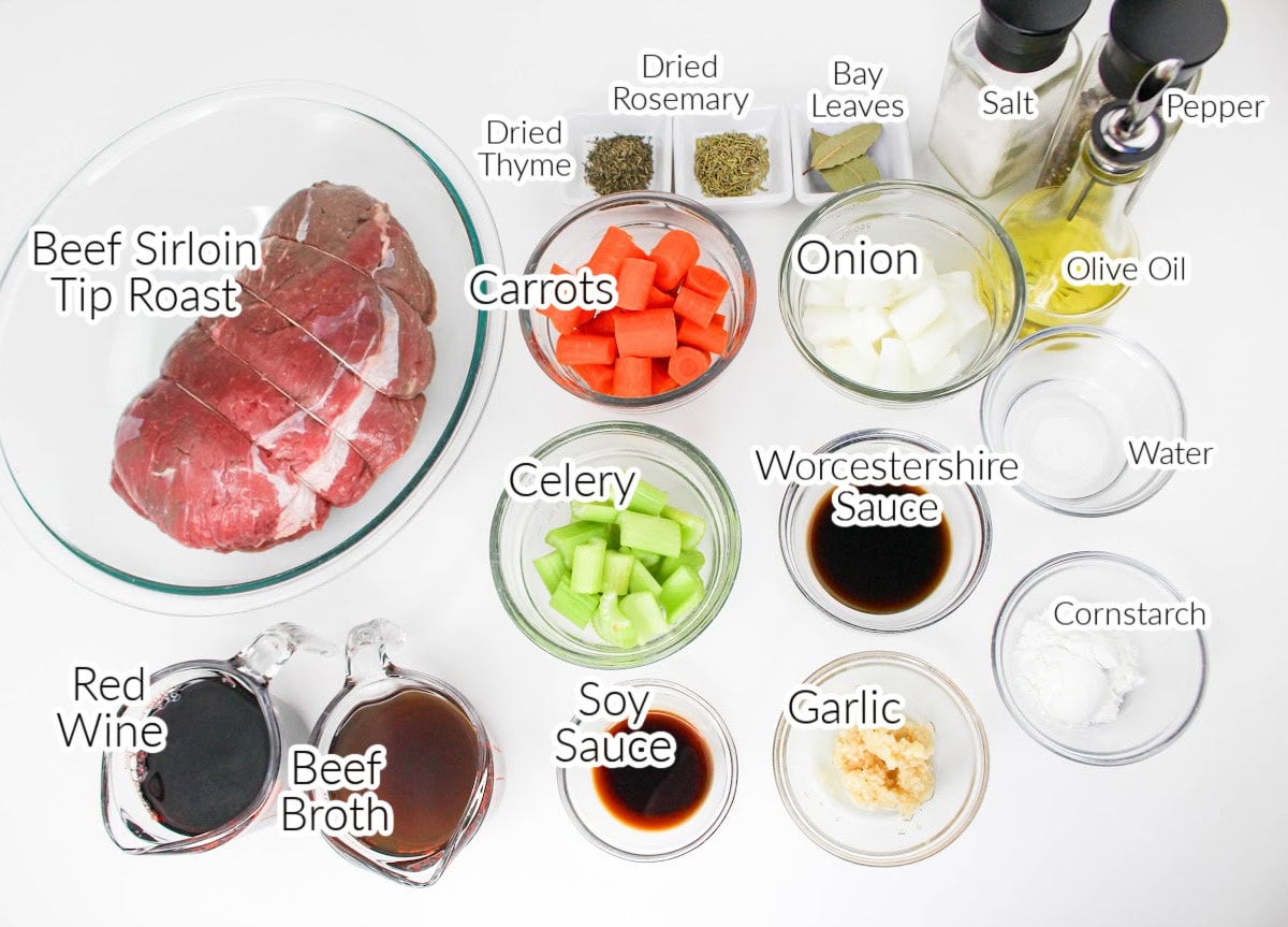 Ingredients for Crockpot Beef Sirloin Tip Roast with text overlay.