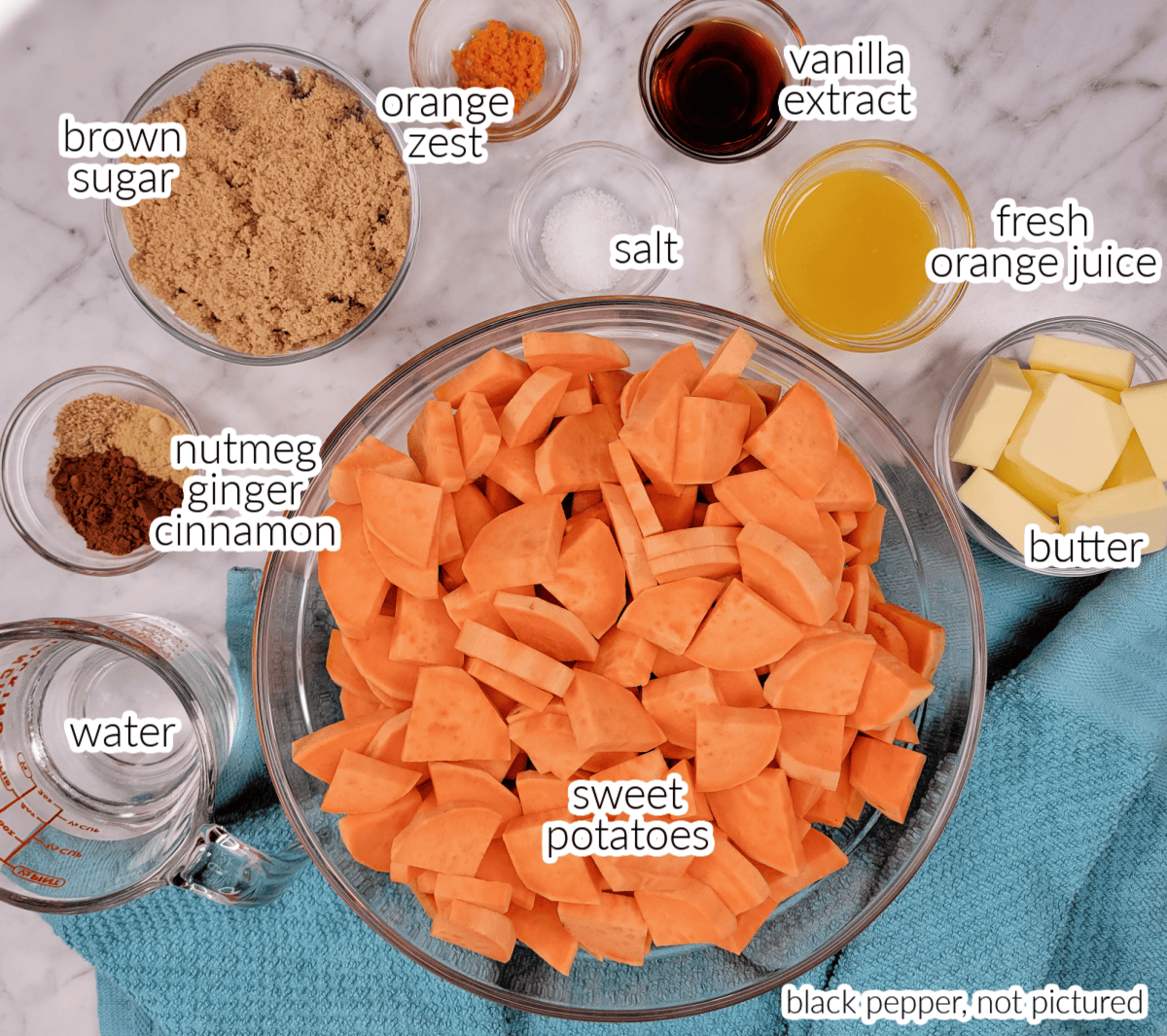 Top down view of Stove top Candied Sweet Potato ingredients in bowls with text overlay.