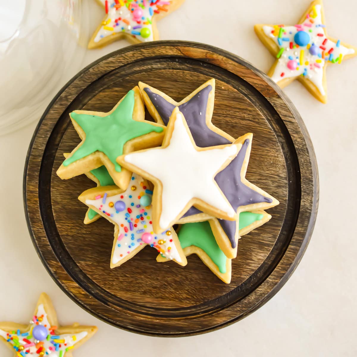 Star shaped cookies frosted with Vegan Royal Icing.