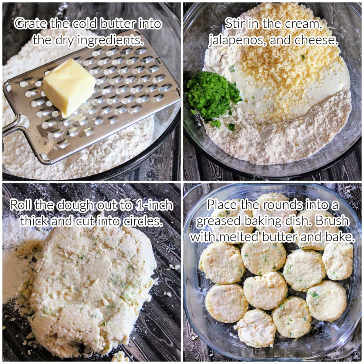 How to make cheddar and jalapeno biscuits collage image with text overlay.