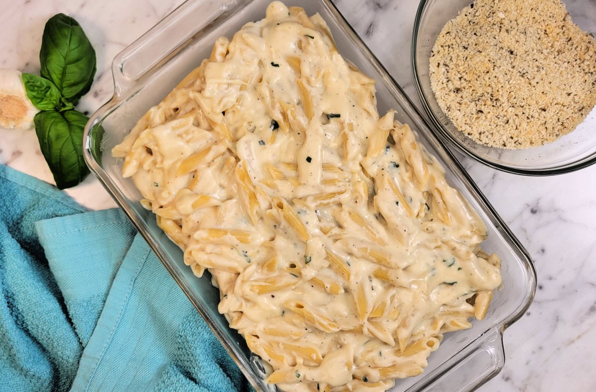 Baked Mac and Cheese Casserole in a 9x13 pan.