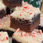 Close up of Brownies with Peppermint Frosting and crushed peppermints.