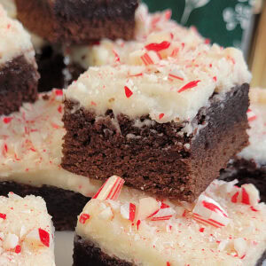 Close up of Brownies with Peppermint Frosting and crushed peppermints.