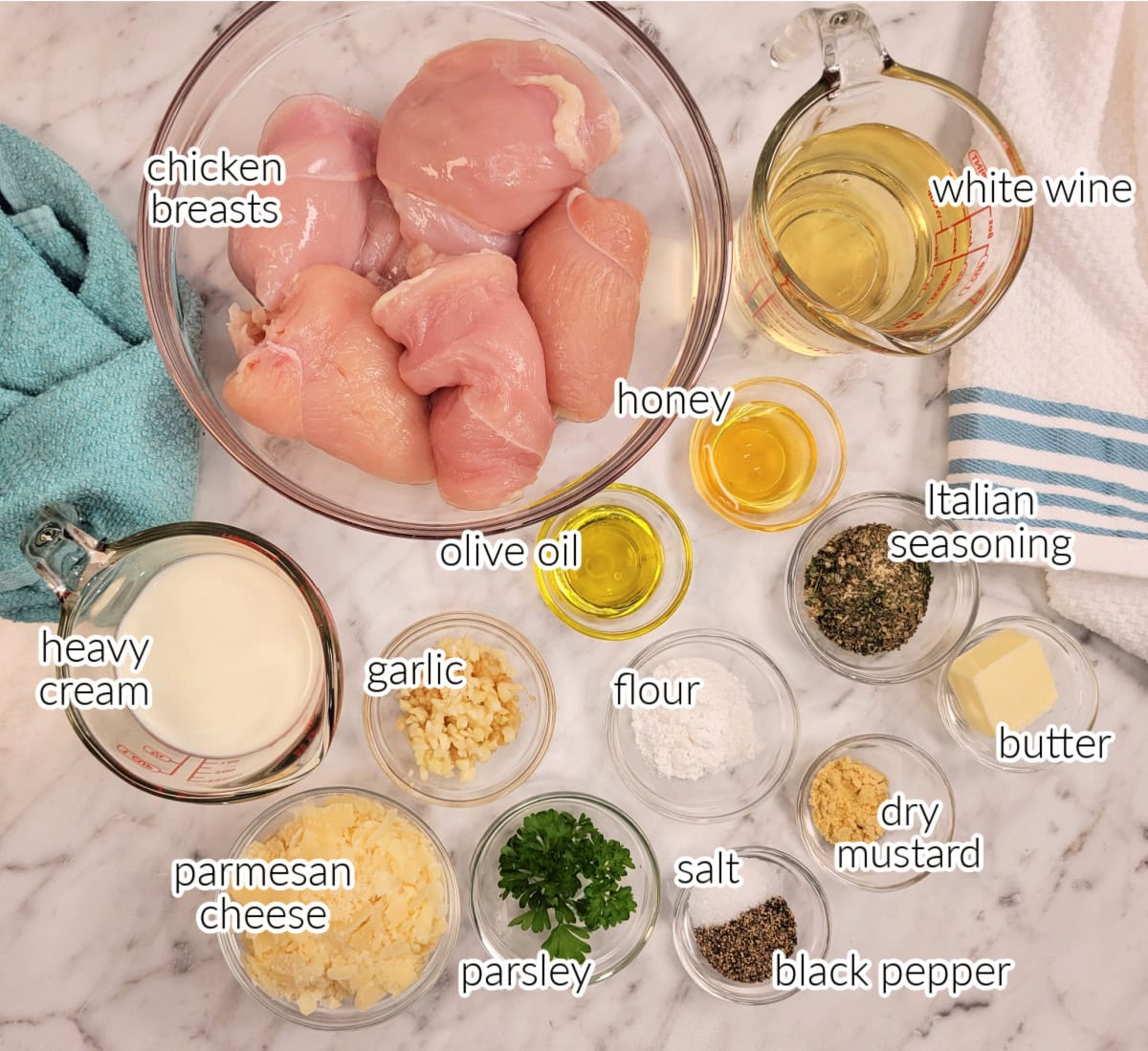 Garlic Parmesan Chicken ingredients with text overlay.