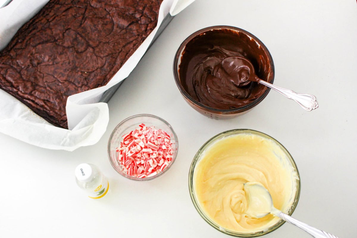 How to Make Peppermint Bark Brownies: Brownies with crushed peppermints, chocolate and white chocolate.