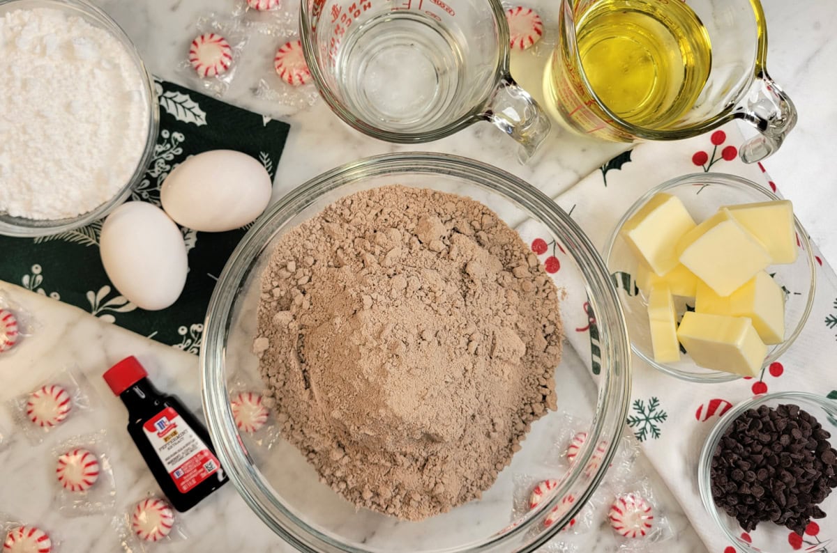 Top down view of ingredients to make Brownies with Peppermint Frosting.