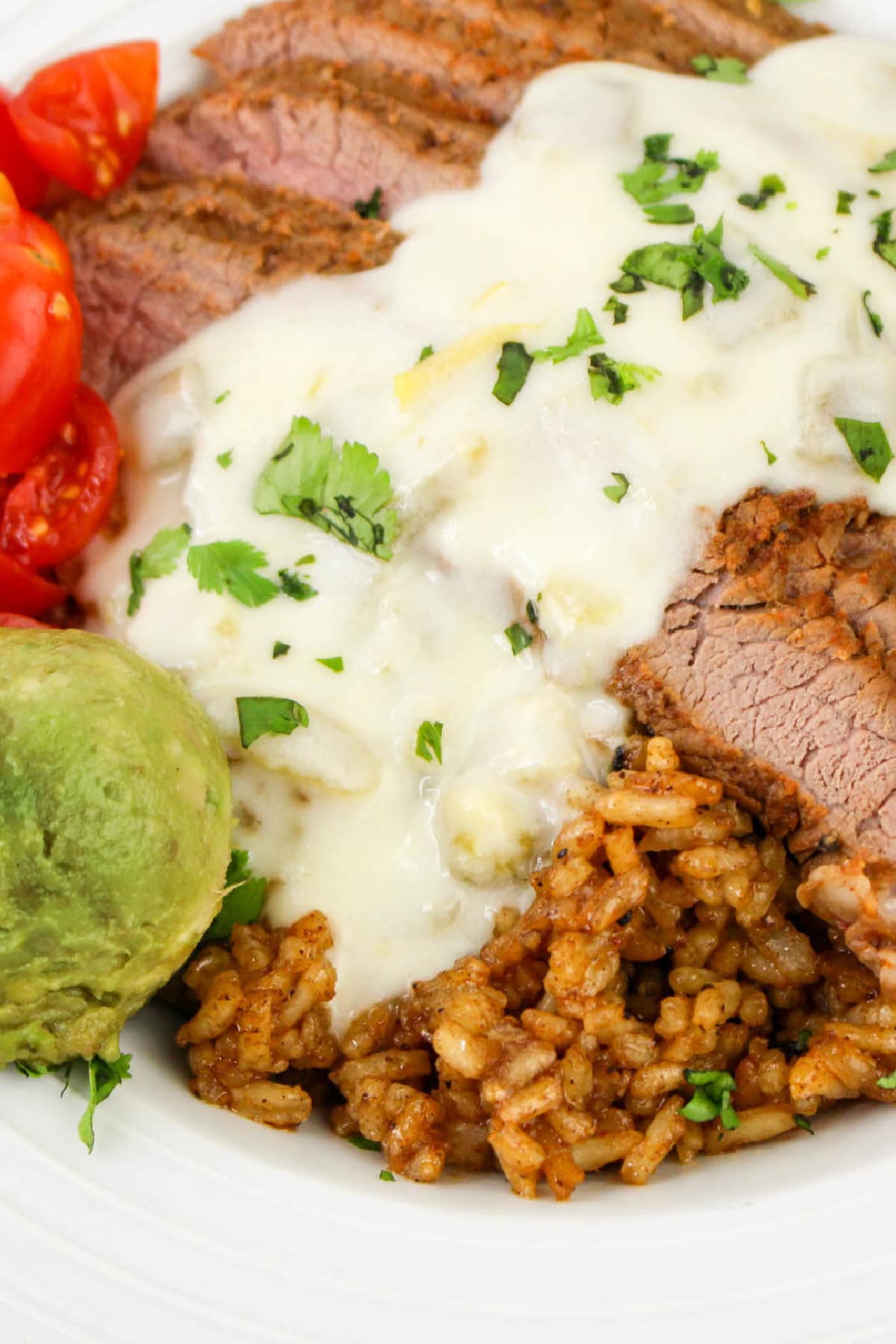 Close up of queso on a Steak and Rice Bowl with cilantro.
