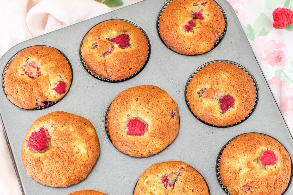 Pan of banana raspberry muffins.