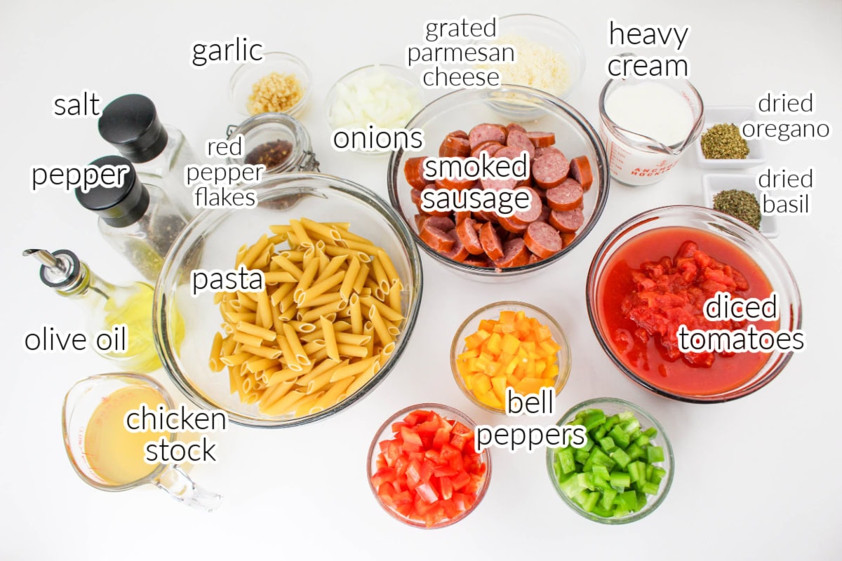 Smoked Sausage Pasta ingredients with text overlay.