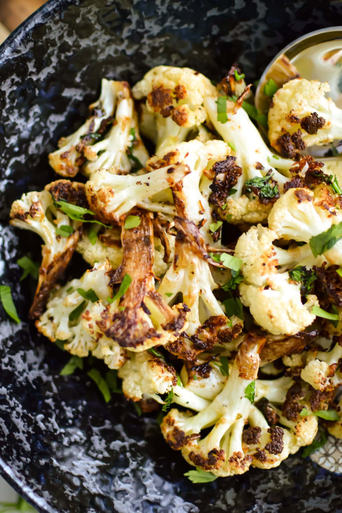 Top down view of Roasted Cauliflower Bites with Cowboy Butter.