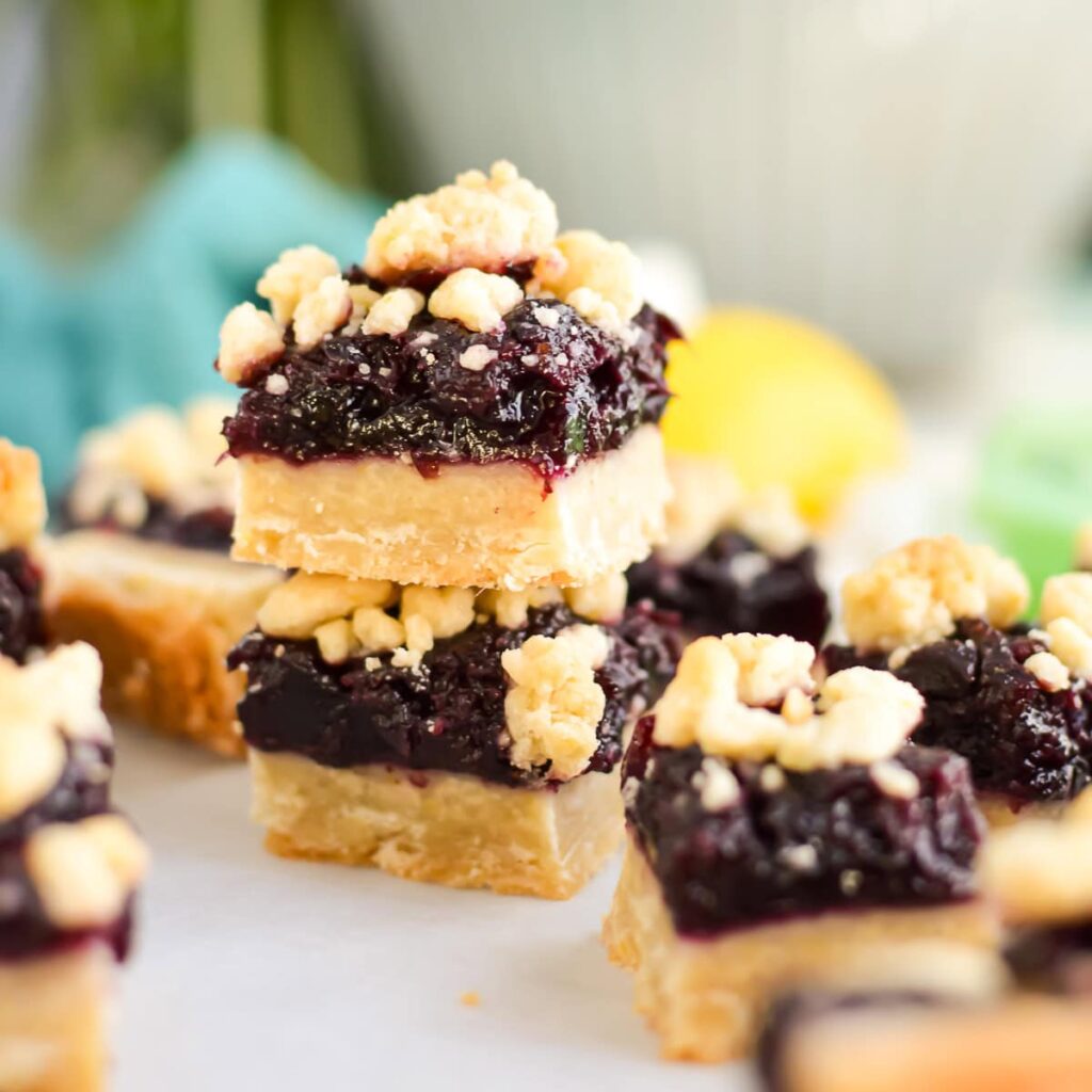 Close up of Blueberry Lemon Bars with crumb topping.