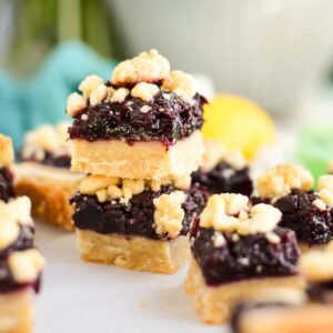 Close up of Blueberry Lemon Bars with crumb topping.